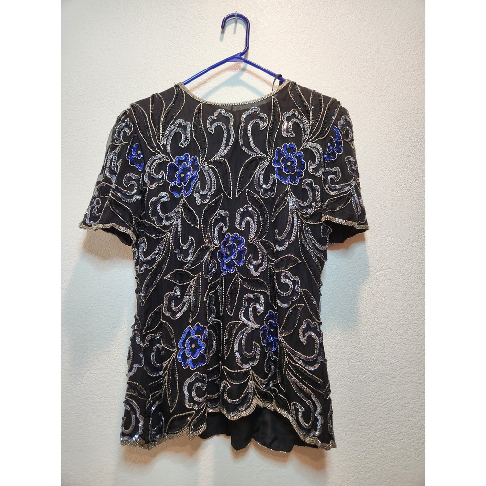 Papell Boutique Silk Beaded Top‎ L Black Blue Floral Sequin Evening Blouse